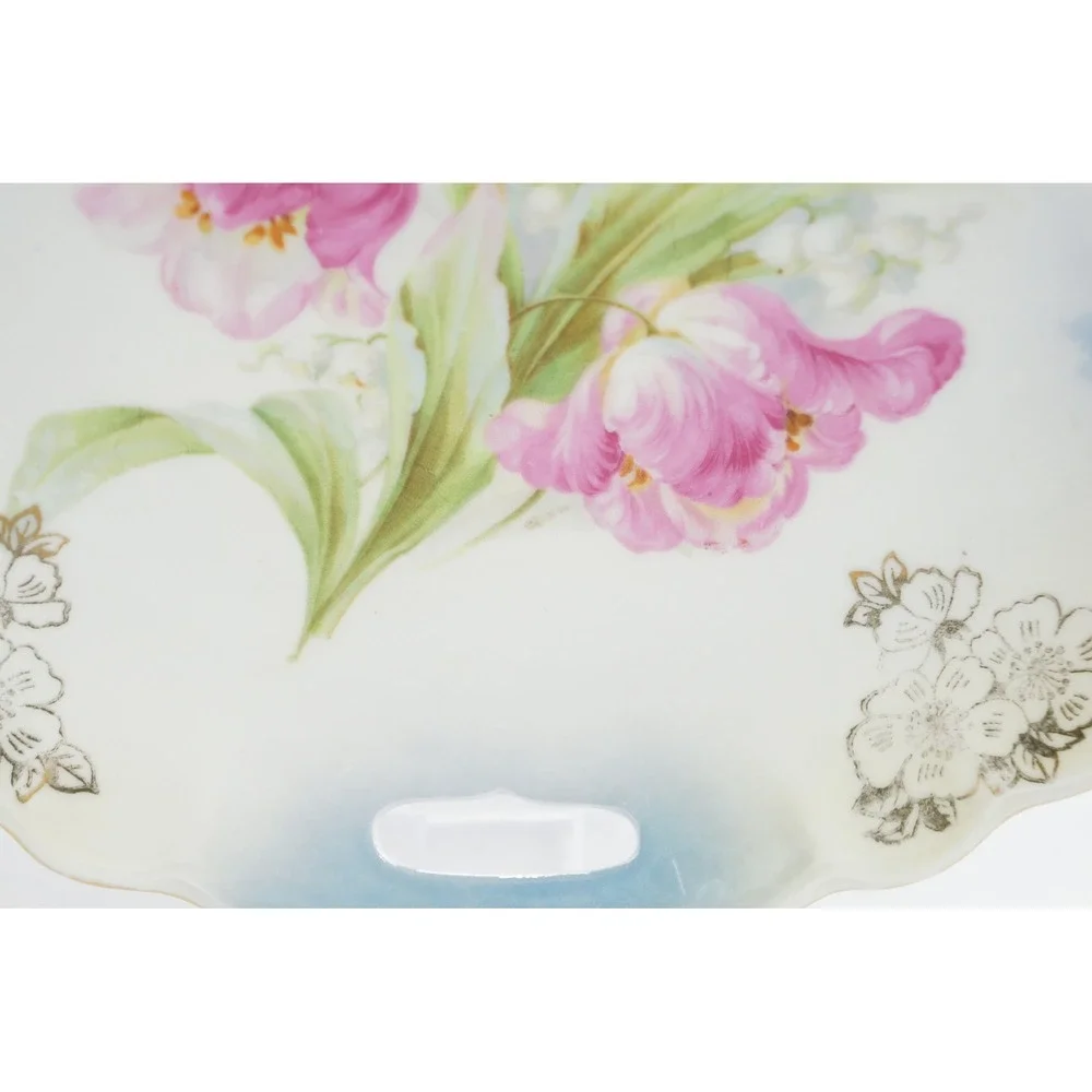 Vintage Made in Germany Porcelain Cake Plate Pink Tulips Floral Gold Trim 10 EUC